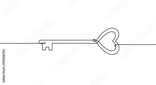 Heart-shaped key, single line art for love and unlocking passion