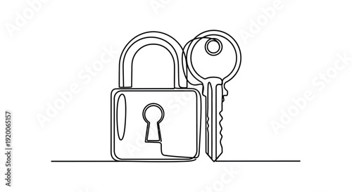Single Line Art of a Padlock and Key, Representing Security and Access