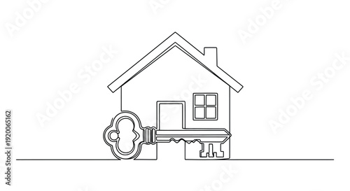 Minimalist Single Line Art House with Key, Symbolizing Buying a Home