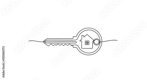 Single Line Illustration Key with House Silhouette Inside, Homeownership Concept