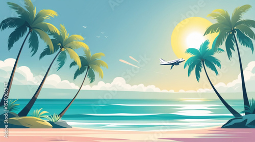 A serene tropical beach scene with palm trees and an airplane flying overhead