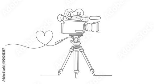 Professional video camera on tripod, single line art, filmmaking, heart shape