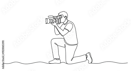 Filmmaker kneeling with camera, single line art, active, storytelling