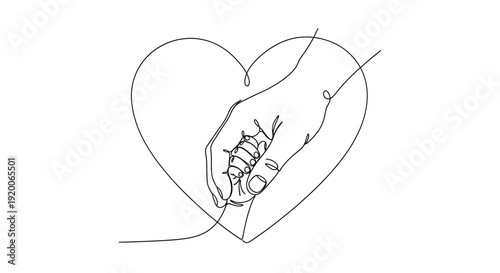 Heart Outline Embracing Adult and Child Hands, Line Art