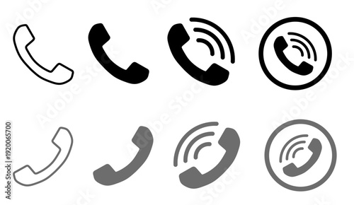 Vector illustration of telephone and call icons in various styles, including outline, solid, and ringing effects for contact UI design