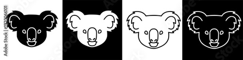 Simple graphic illustration of a koala head icon, outline and filled versions for digital design elements