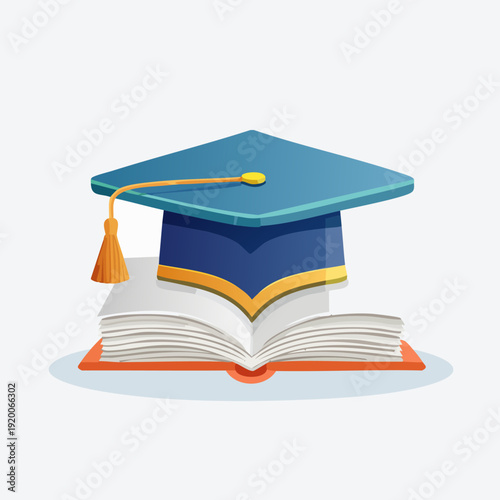 Graduation cap on open book representing education and knowledge.