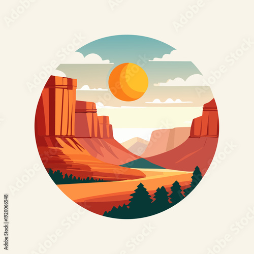 Grand Canyon Landscape Illustration with Sun and Trees.