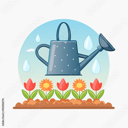 Gray watering can nourishing a garden of colorful flowers.