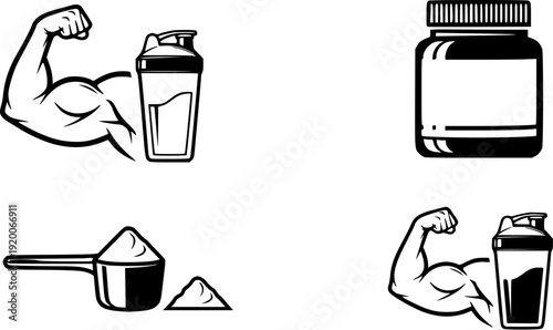 Fitness Supplement Vector Icons Featuring Muscular Arms Protein Shakers Nutrition Jars and Powder Scoops