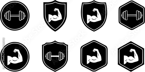 Fitness and Strength Training Emblem Set Featuring Muscular Bicep Flexing and Barbell Symbols within Protective Shields.