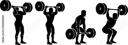 Weightlifting and Strength Training Performance Silhouette Set Featuring Overhead Press Squat and Deadlift Movements.