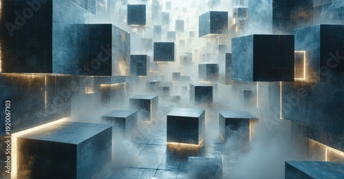 Abstract cubic structures float within misty space. Glowing lines accentuate geometric forms, creating futuristic scene. Cool tones dominate composition.