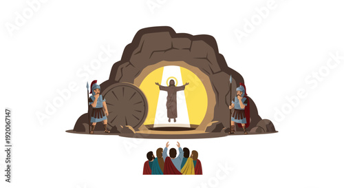 Resurrection of Jesus Christ from Empty Tomb, Angels, Soldiers, and Disciples
