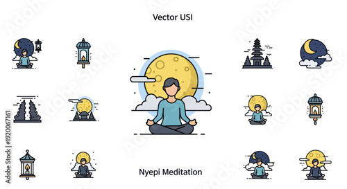 Nyepi Meditation Icons: Serene Man Meditating Under Full Moon, Lanterns, Temples