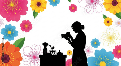 Woman mixes colorful cocktail drink with floral decoration background