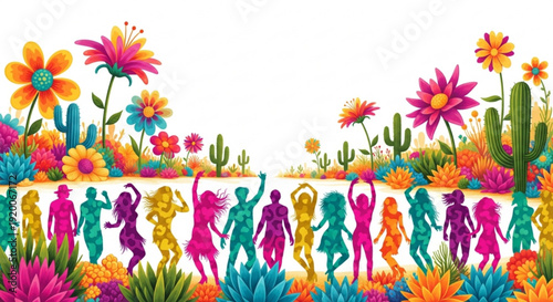 Vibrant desert scene with people dancing amidst colorful flowers and cacti festive atmosphere