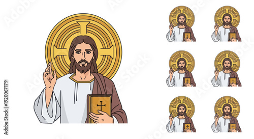 Jesus Christ blessing, holding bible, golden halo, religious illustration