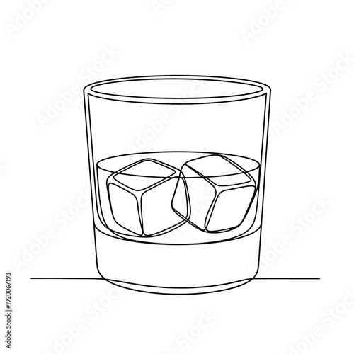 Continuous line drawing of a glass with liquid and two ice cubes, for refreshment and drinks.