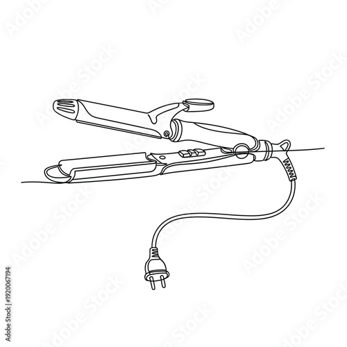 Continuous line drawing of a hair straightener and curling iron, for beauty and styling.
