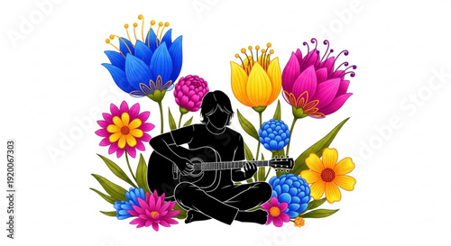 Person playing guitar surrounded by vibrant colorful flowers in garden setting with musical instrument