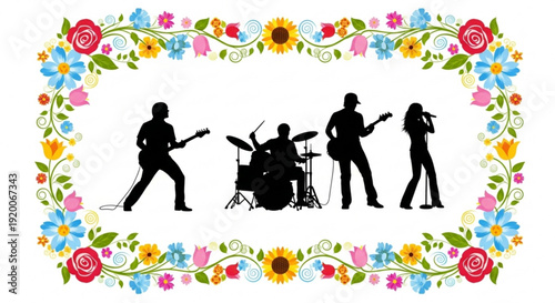 Silhouette of a band performing on stage with a colorful floral border