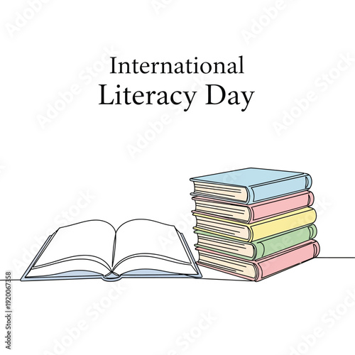 International Literacy Day with books, open and stacked, for global education awareness.