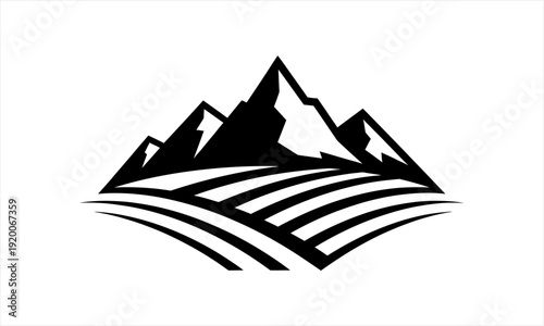 Stylized black and white mountain range with agricultural fields below.