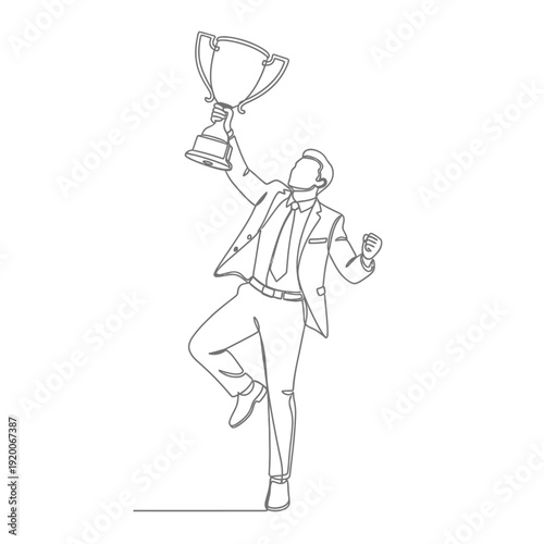 Continuous line art of a triumphant businessman holding a trophy, celebrating victory.