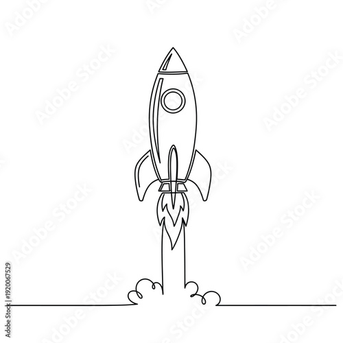 Continuous Line Drawing of a Rocket Launching from Ground with Energetic Exhaust