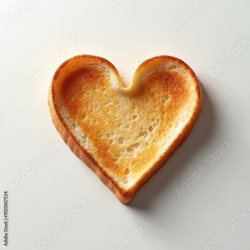 Heart shaped toast slice. Golden brown baked bread. Simple delicious breakfast food. Isolated on white background. Perfect for love and food concepts.