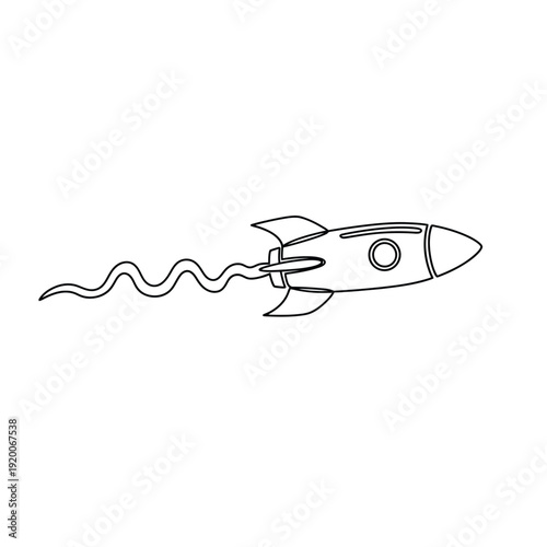 Continuous Line Art of a Rocket Flying Horizontally with a Wavy Smoke Trail