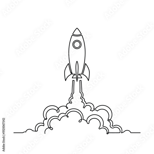 Continuous Line Drawing of a Rocket Launching with Voluminous Exhaust Clouds