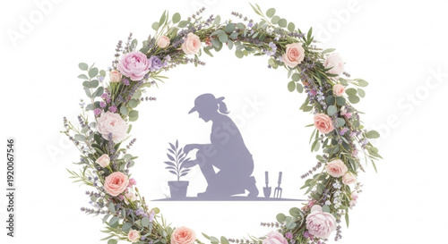 Woman gardening in a beautiful floral wreath with pink roses and green leaves planting a small potted plant