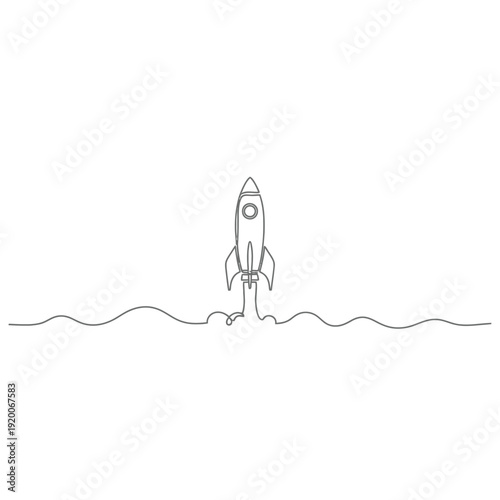 Continuous Line Drawing of a Rocket Launching Over a Wavy Ground Line