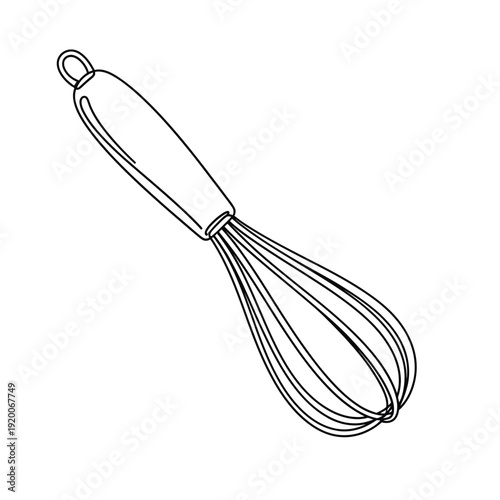 Simple continuous line art drawing of a kitchen whisk for baking and cooking