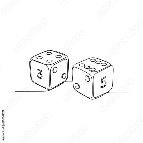 Continuous line art drawing of two dice showing numbers three and five for gaming