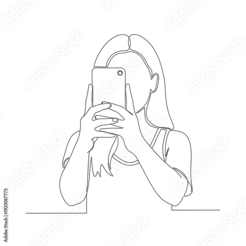 Young woman taking a selfie with a smartphone in modern continuous line art style
