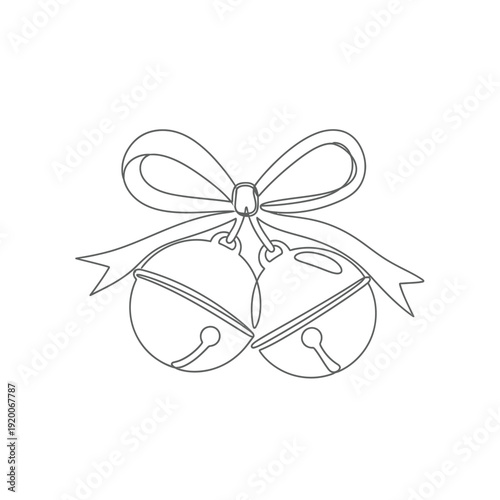 Festive continuous line art drawing of jingle bells with a ribbon for holiday design