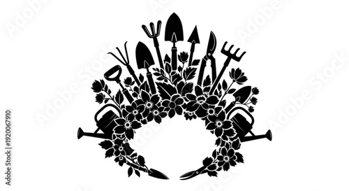 Black floral wreath with gardening tools and flowers on white background for decoration and design