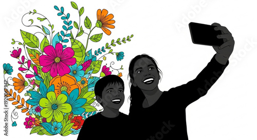 Silhouette of woman and child taking selfie with colorful floral background smiling and happy