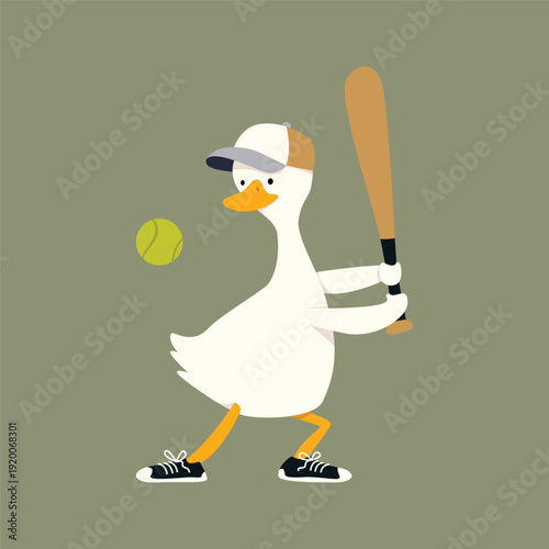 Cute hand-drawn duck illustration playing baseball with a bat, ball, and cap. Adorable nursery art for kids' t-shirt design, sports-themed posters, wall art, greeting cards and more