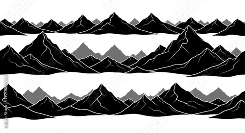 Stylized Black and White Mountain Range Landscape.