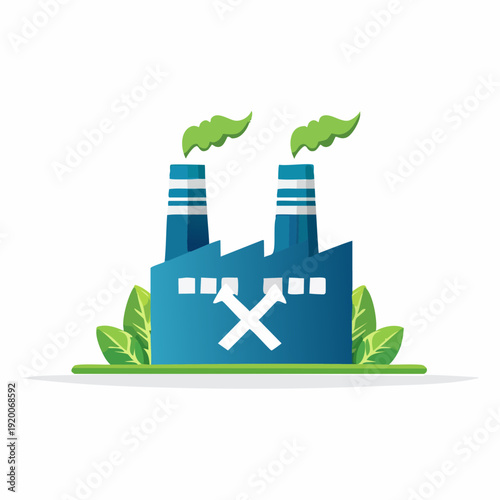 Green factory with smoke and leaves illustration.
