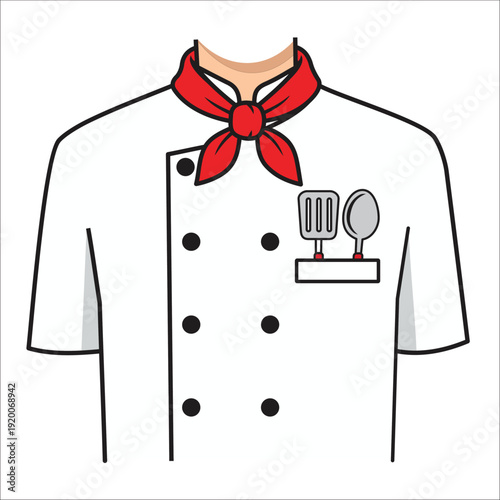 Classic Chef Uniform Vector Illustration with Red Neck Scarf and Kitchen Utensils