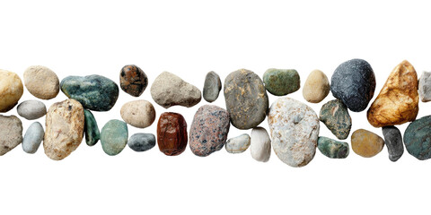 A natural border of smooth, multi-colored stones against a stark, black backdrop