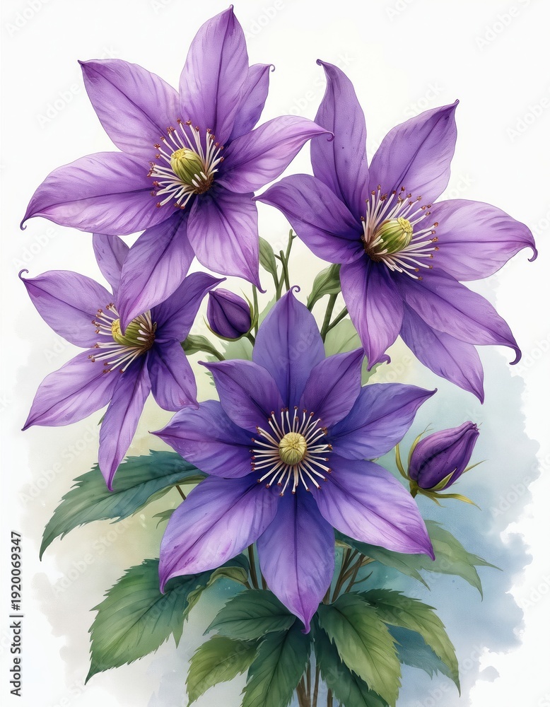 Obraz premium Purple clematis flowers with green leaves painted in watercolor style. Blooming petals, buds create natural botanical arrangement. Gentle hues suggest spring summer garden beauty, perfect for cards