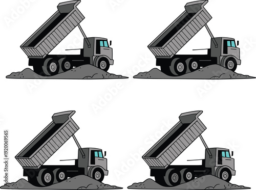 Heavy dump truck unloading soil vector set, industrial tipper lorry transporting gravel, construction vehicle machinery for site work and earthmoving.