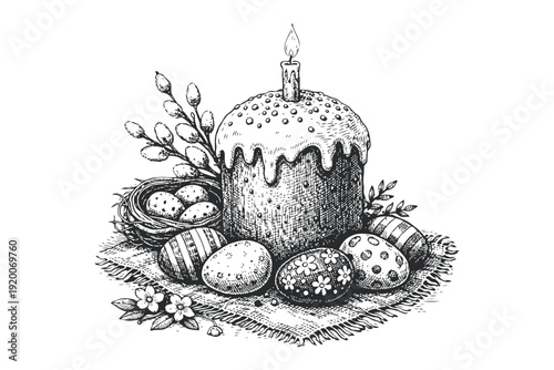 Hand-drawn Easter cake with candle, painted eggs, willow twigs and flowers on a cloth background. Holiday and spring celebration concept