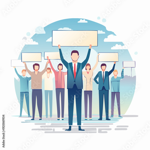 Group of people holding blank signs for protest or demonstration.